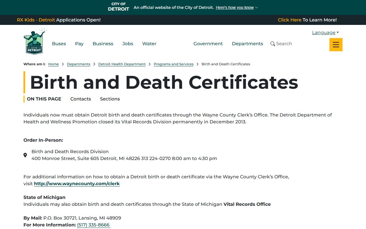 Detroit Health Department birth certificates information page for Detroit birth records