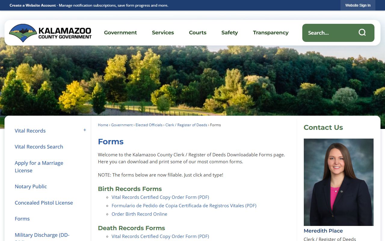 Kalamazoo County forms page for birth certificate requests