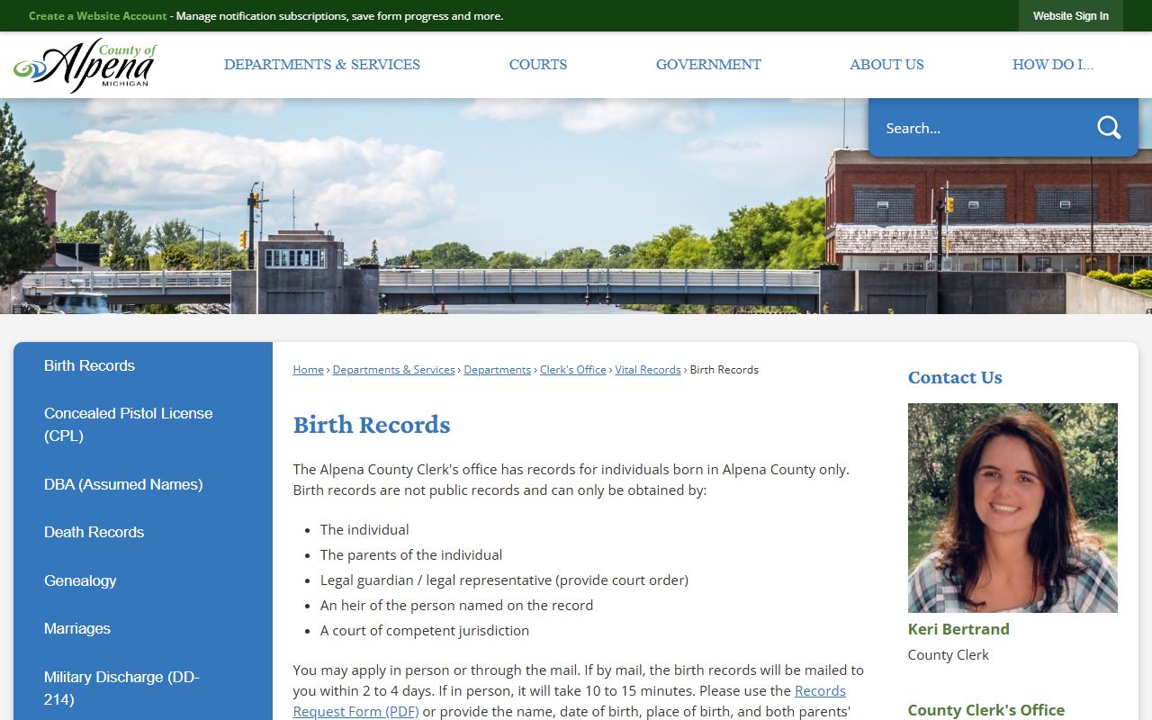 Alpena County Clerk birth records page for certified certificate requests