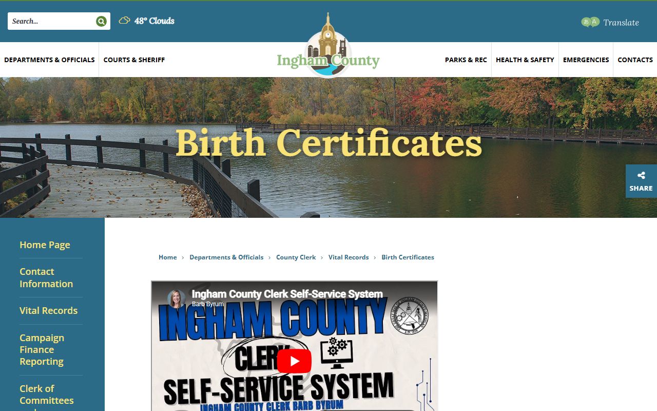 Ingham County birth certificate ordering page for Ingham County birth records