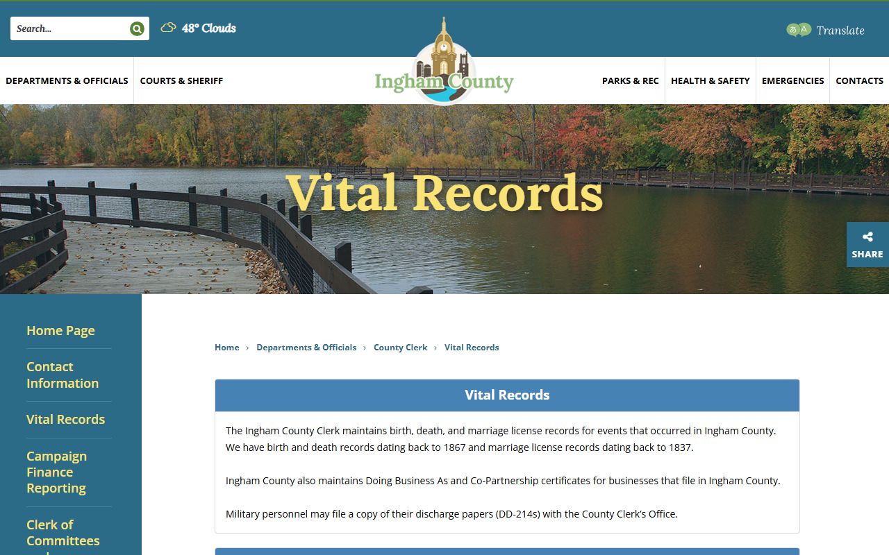 Ingham County Clerk vital records page for Ingham County birth records