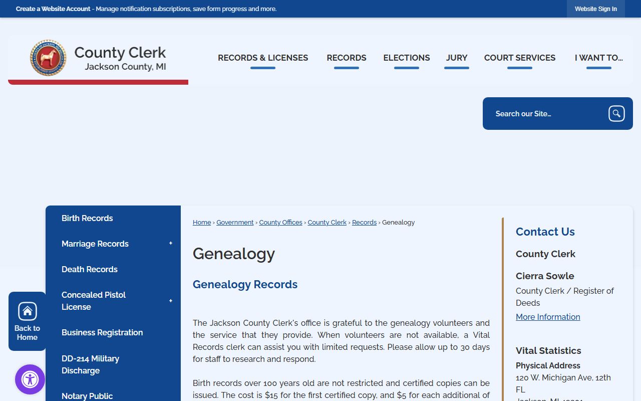 Jackson County genealogy page showing birth record research resources