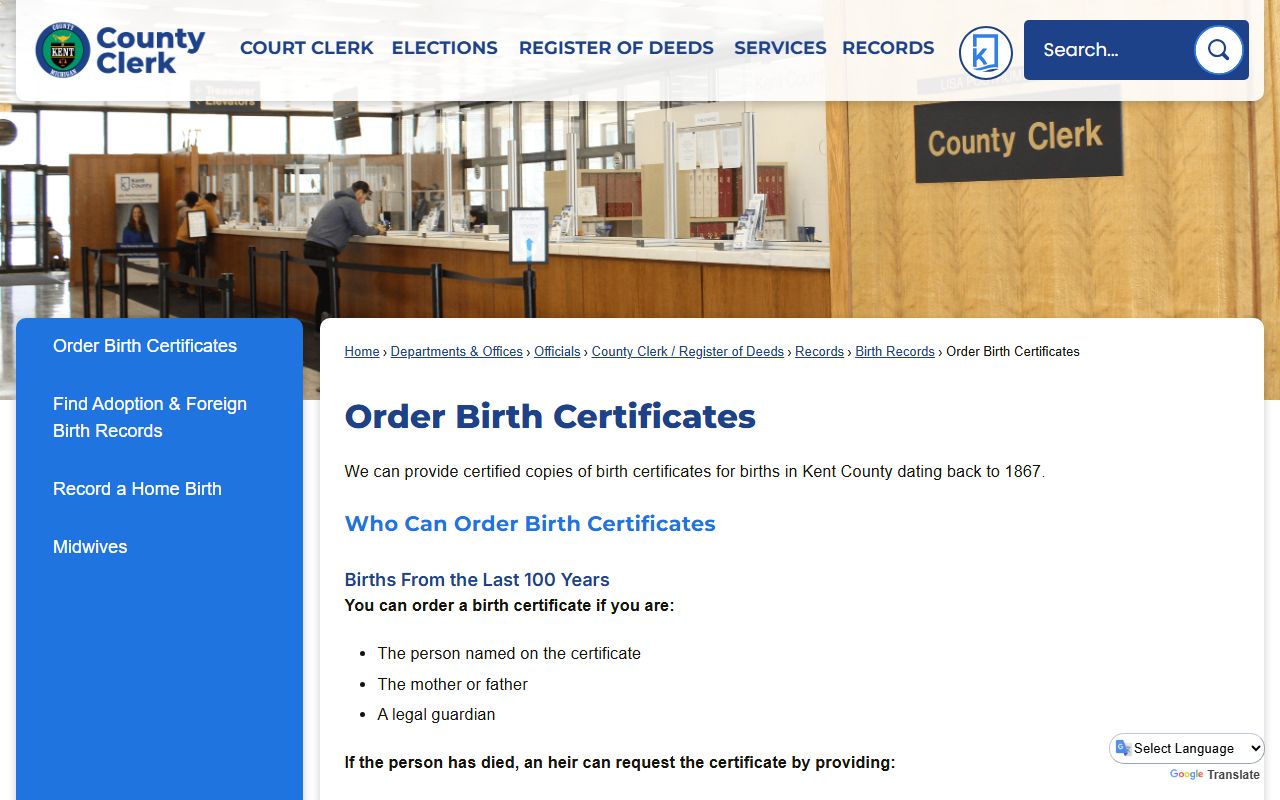 Kent County online birth certificate order page for Kent County birth records