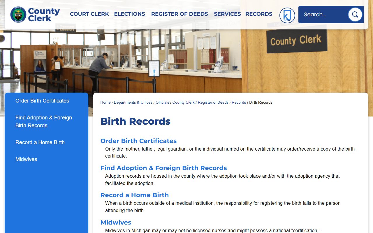 Kent County Clerk birth records page for Kent County birth records