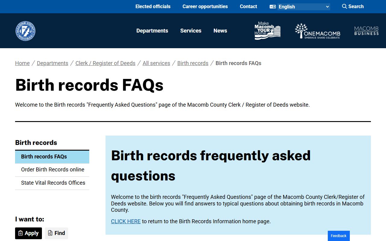 Macomb County Clerk birth records page for Macomb County birth records