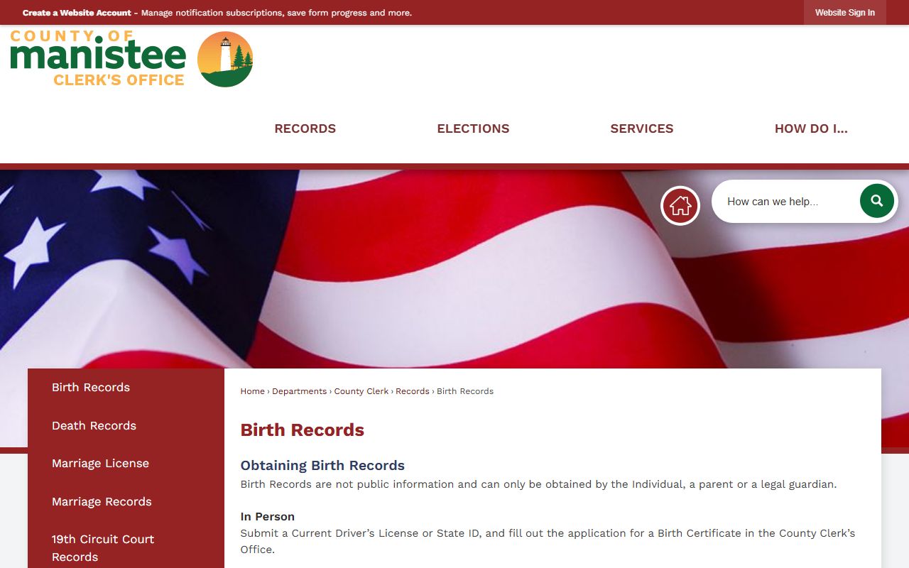 Manistee County Clerk birth records page showing request process and requirements