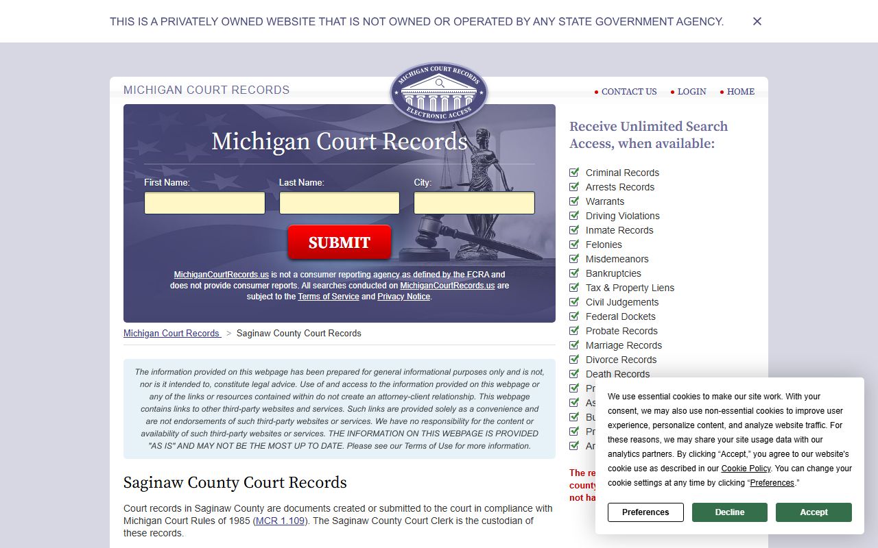 Saginaw County records information page for birth record access