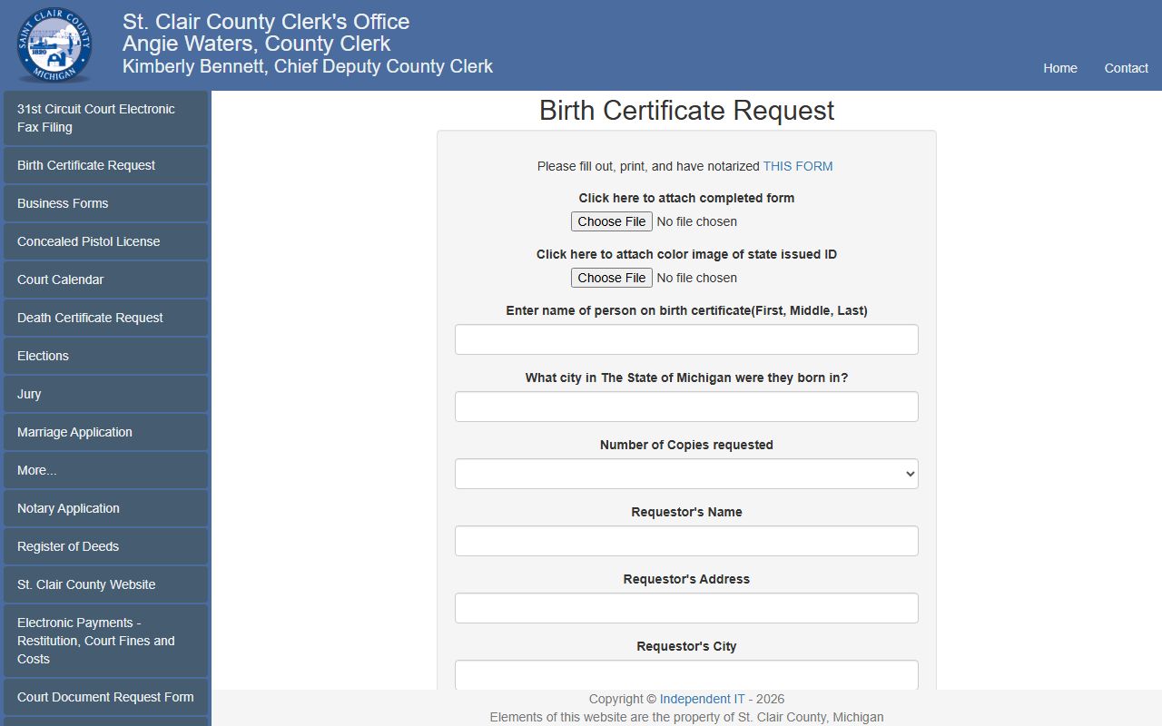 St. Clair County Clerk birth records page for certified certificate requests