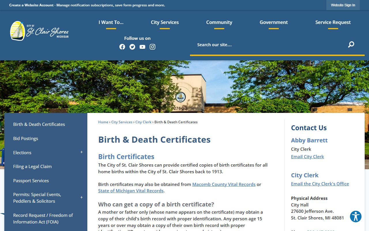 St. Clair Shores city records page showing separate office from St. Clair County