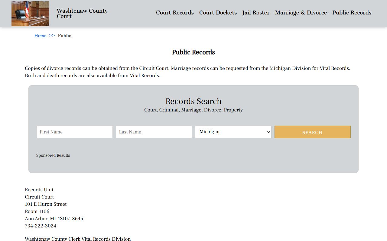 Washtenaw County public records portal for Washtenaw County birth records