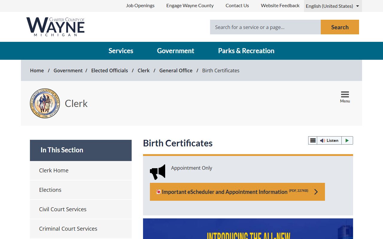 Wayne County Clerk birth certificates page for Wayne County birth records